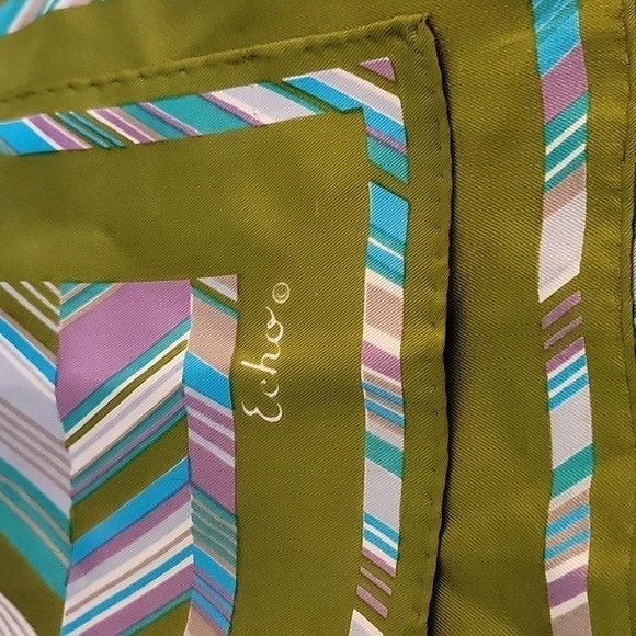 Vtg ECHO Olive Geometric Chevron Hand Rolled Silk Scarf - Picture 2 of 4